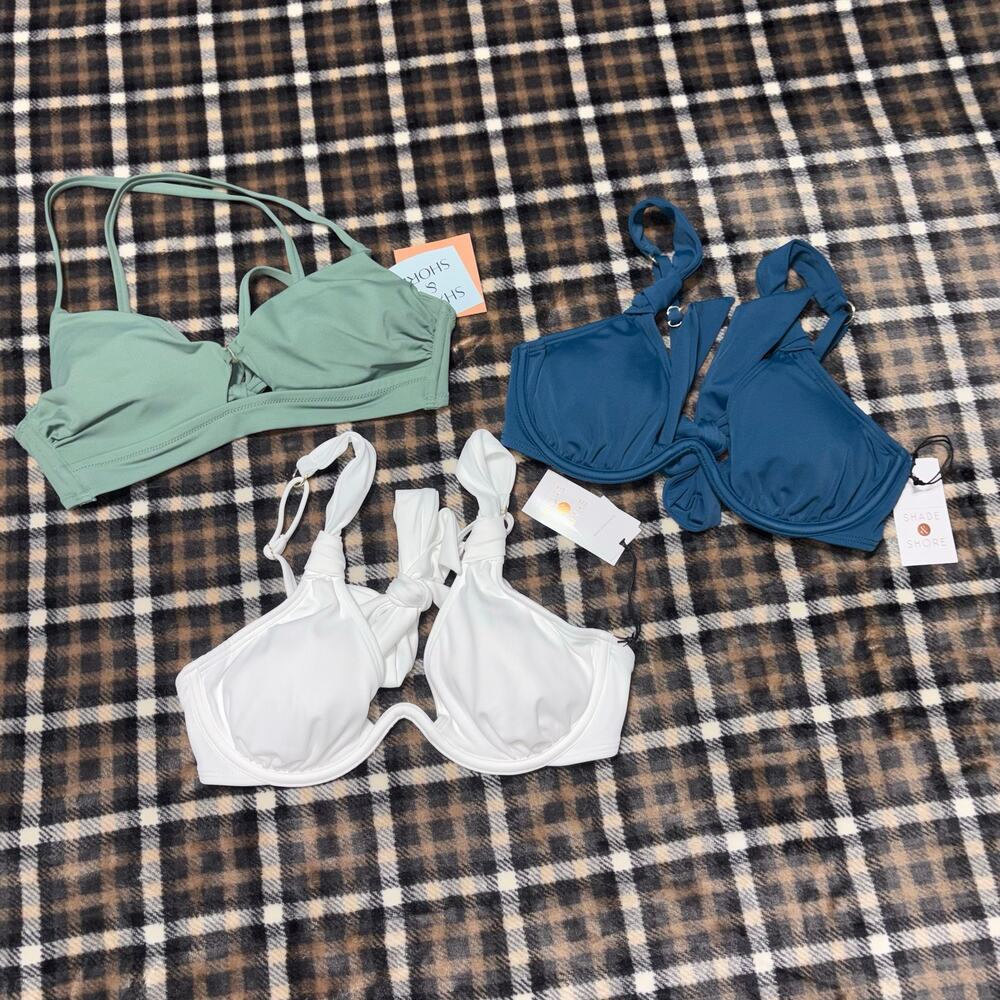 NWT Shade & Shore Bikini Tops 34B Bundle Green Blue White Swim Tops